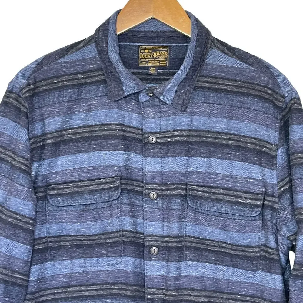 LUCKY BRAND Men’s Blue Striped Button Front Flannel Shacket large - Picture 2 of 5